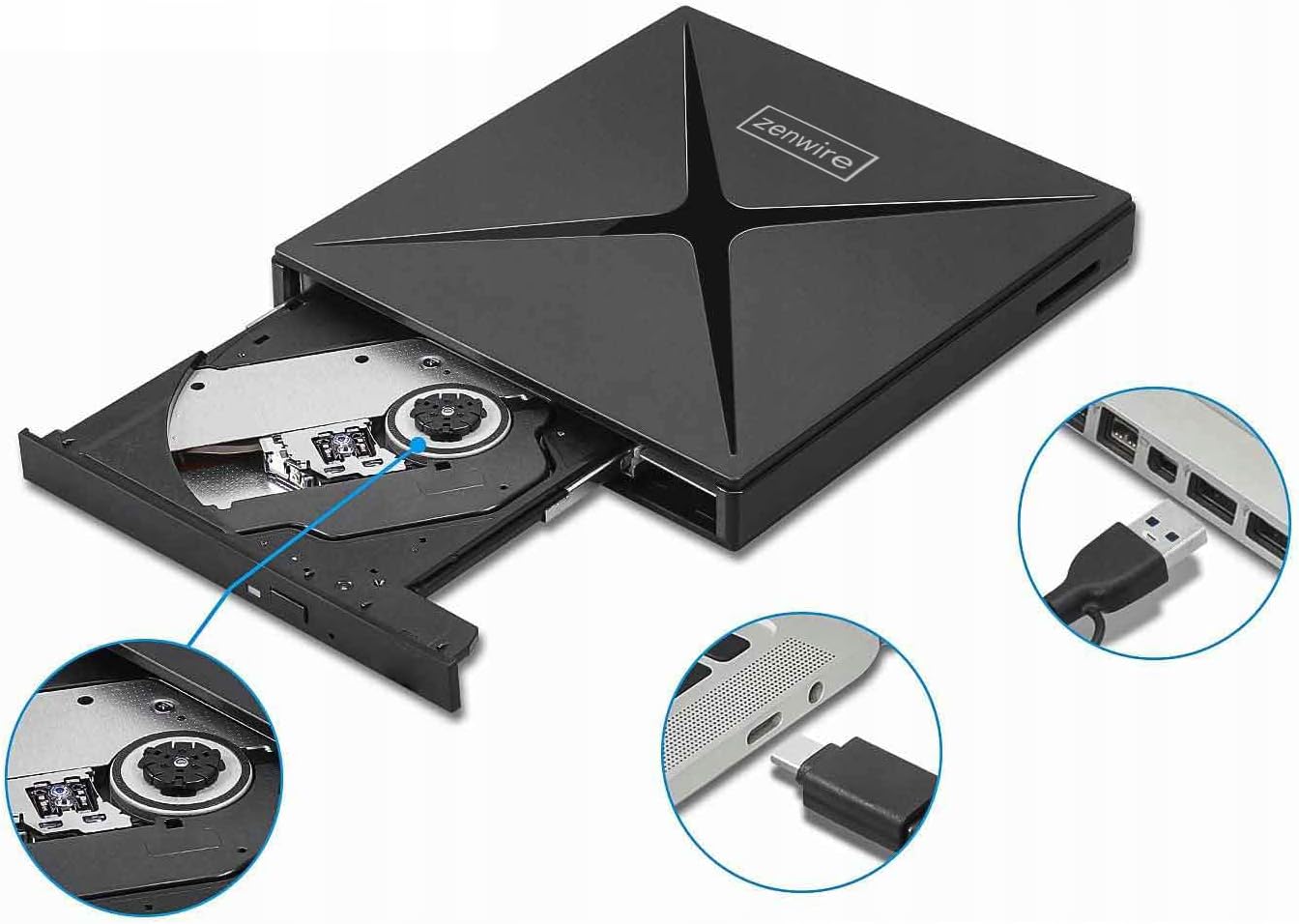 Zenwire Portable External CD/DVD Drive with the disc tray open, highlighting USB-A and USB-C connection options.