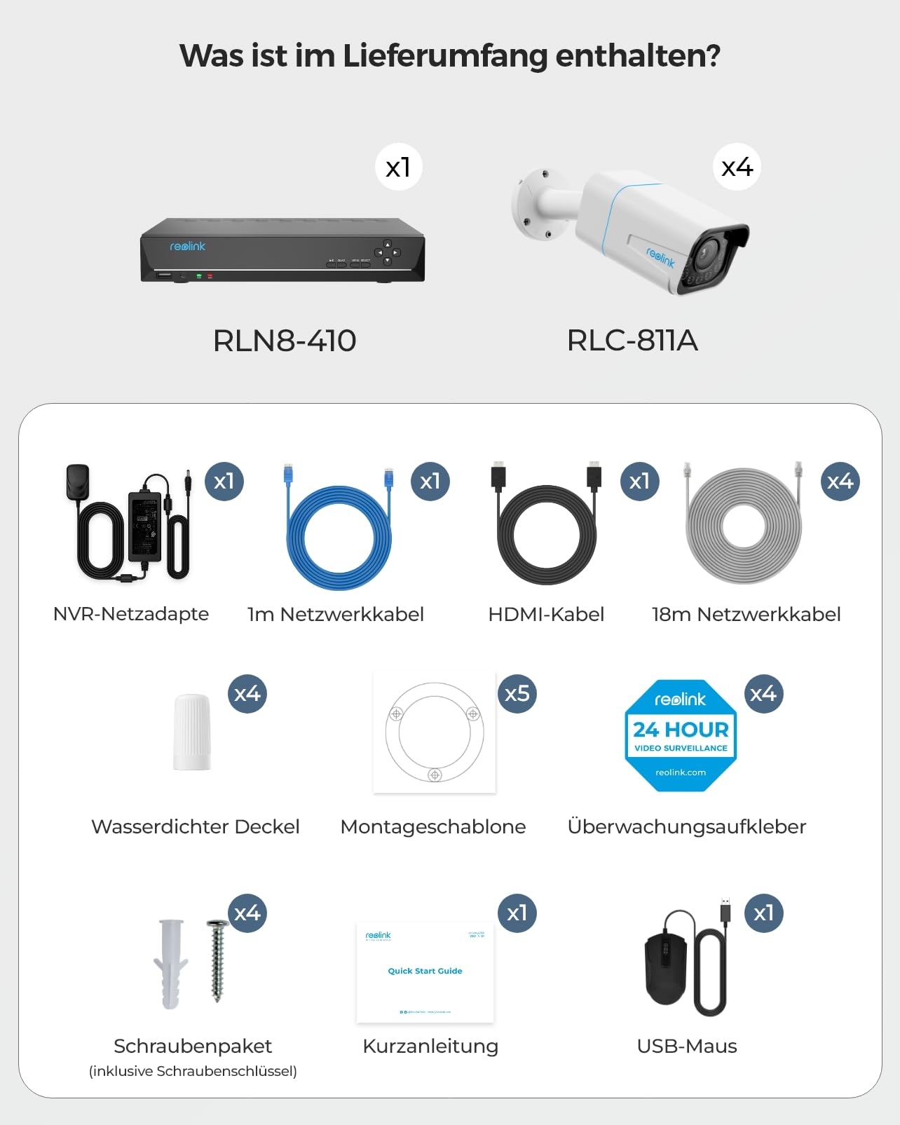 Reolink 4K Überwachungskamera Aussen Set, 5X Optischer Zoom, Personen-/Fahrzeug-/Tier-Erkennung, Spotlights, 2-Wege-Audio，8CH 2TB HDD NVR für 24/7 Aufnahme,Nachtsicht, IP67 Resistent, RLK8-811B4