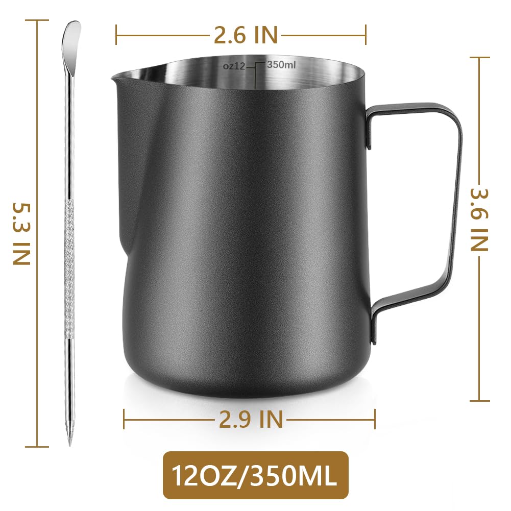 Frothing Milk Pitcher, 12 oz/350 ml Stainless Steel Frothing Milk Jug with Latte Art Pen,with Internal Measurements - Image 3