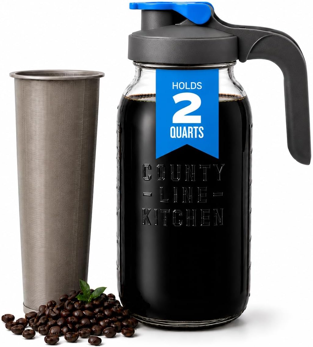 County Line Kitchen 64oz Cold Brew Coffee Maker with Leak Proof Lid - Gray | Glass Cold Brew Coffee Maker - Wide Mouth Mason Jar, Stainless Steel Filter & Leak-Proof Lid (64 oz)