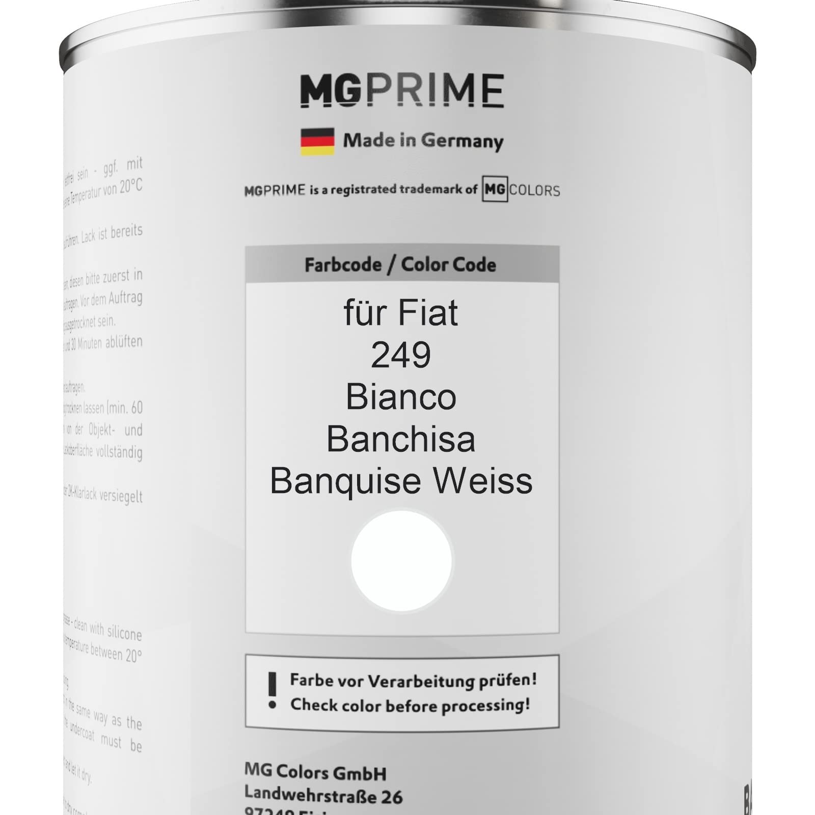 MG PRIME Vernice per auto Barattolo pronto all’uso per Fiat 249 Bianco Banchisa/Banquise Weiss Vernice di base 1,0 litri 1000ml