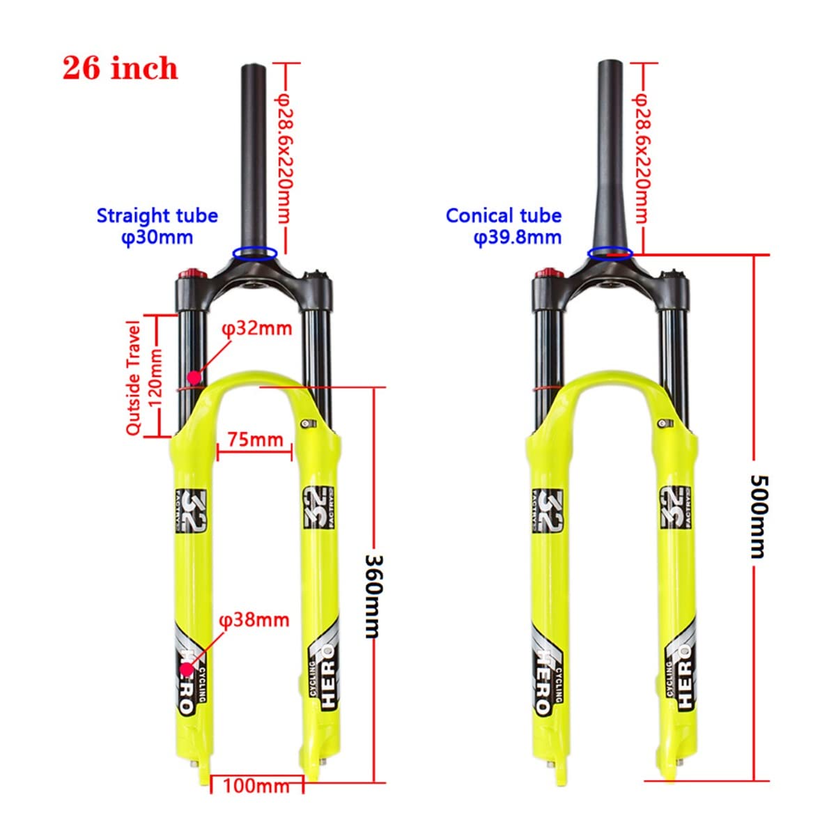 Widelec amortyzowany do roweru górskiego 26/27,5/29 cala MTB Air Travel 100mm 1-1/8 1-1/2 rower przedni hamulec tarczowy QR 9mm (kolor: prosty ręczny, rozmiar 26 cali)