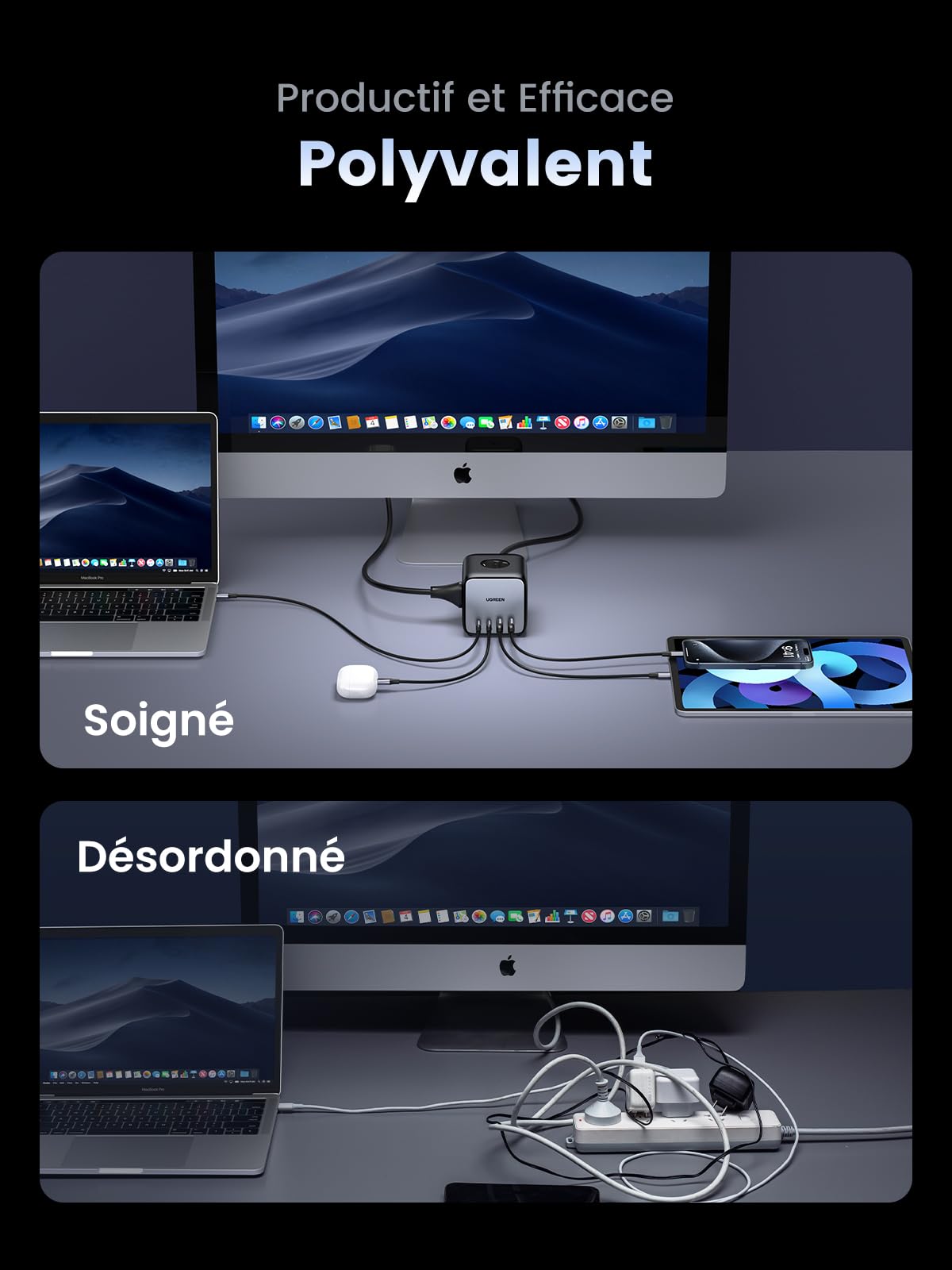'UGREEN DigiNest Cube 7 en 1 Multiprise USB Cube 3 Prises avec 65W 4 Ports USB, Multiprise Électrique avec Interrupteur et 1,8M Câble Alimentation