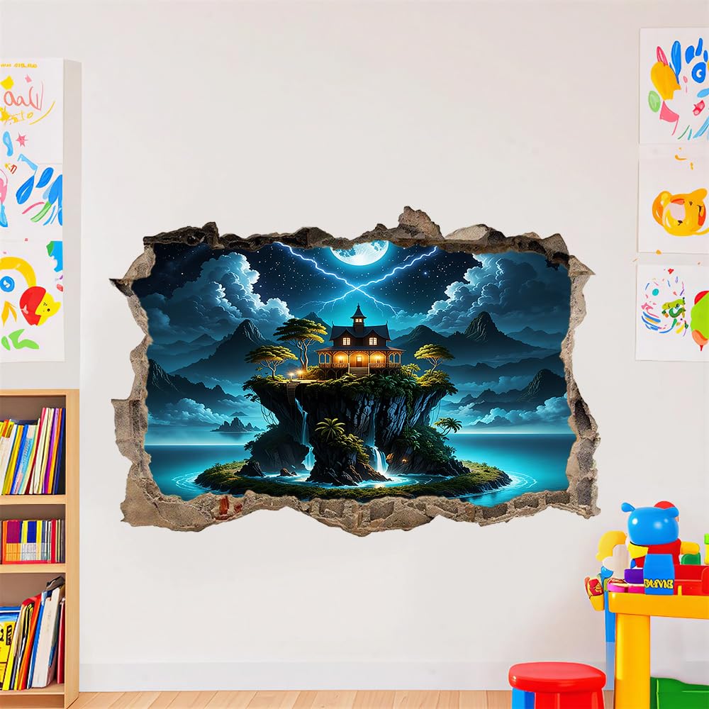 3D Durchbruch Wandtattoo Mädchen Kinderzimmer Inselhäuser Wandaufkleber Dekorative Landschaft Am Moon Mountain Lake Wandsticker für Junge Teenager Zimmer Wohnzimmer Schlafzimmer Wandbilder Deko