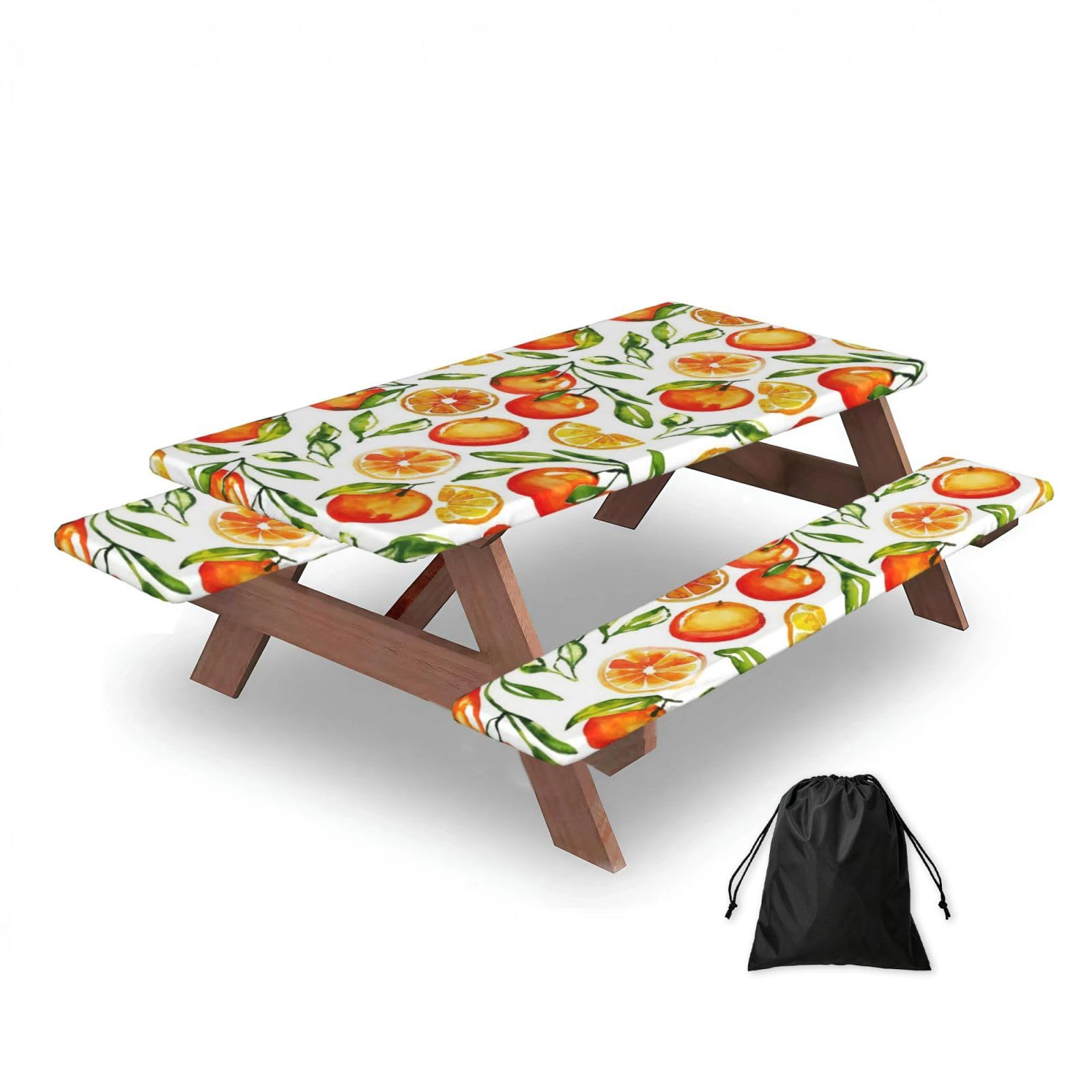 Orange Citrus, Picnic Table Cover With Bench Covers -Waterproof Elastic Fitted Tablecloth for Garden Camping Patio 76x152cm