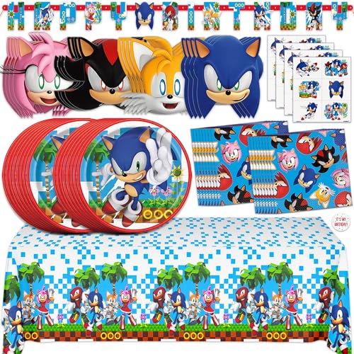 Sonic Birthday Party Decorations | Serves 16 Guests | Masks Tattoos Banner Tablecloth Plates Napkins Sticker | Officially Licensed