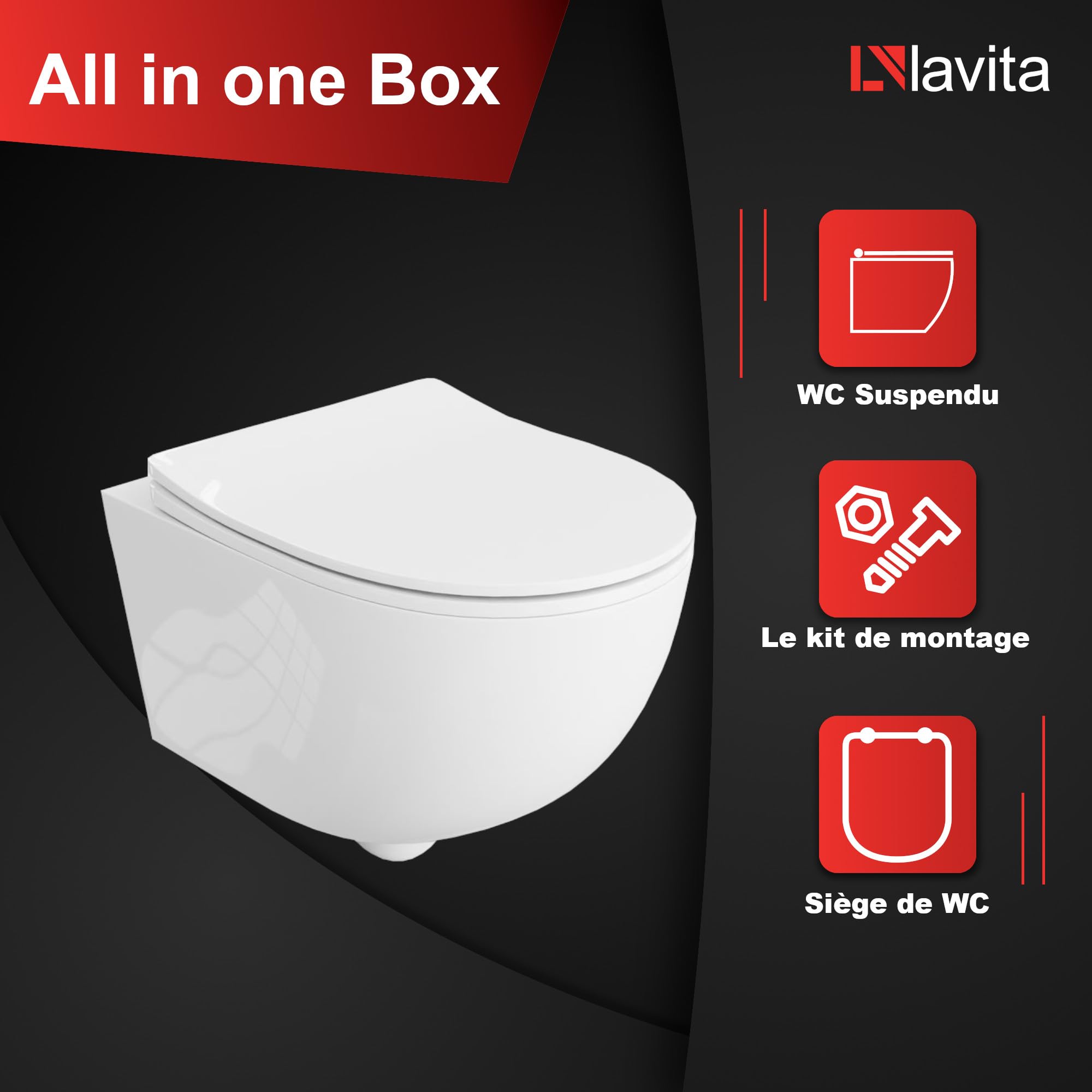 LAVITA WC mural Dalia - Abattant WC suspendu avec système d'abaissement automatique et charnières en métal - Sans bord - 360 x 520 x 410 cm - Blanc brillant