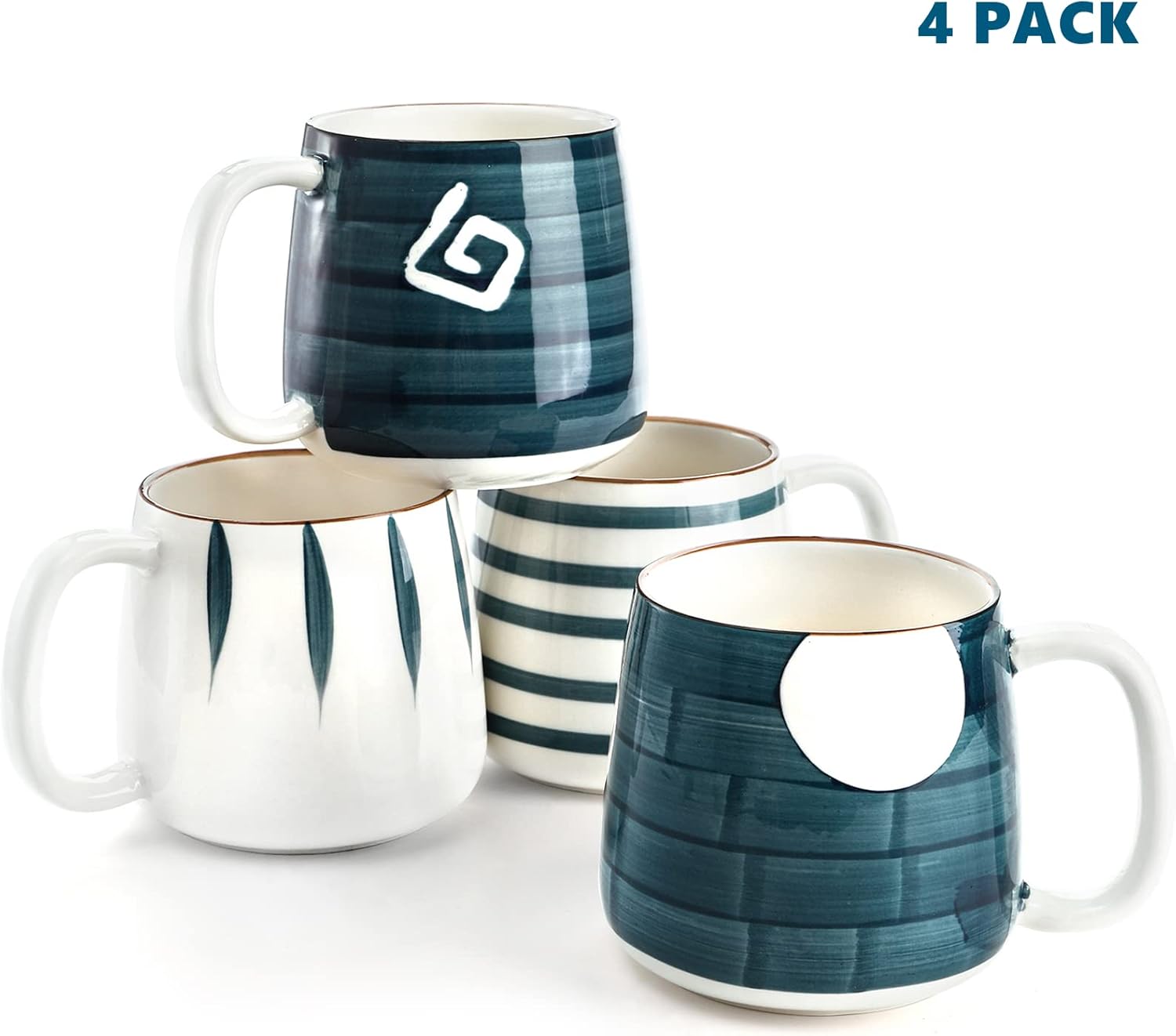 DEAYOU Set of 4 Porcelain Coffee Mugs, 17 Oz Ceramic Coffee Cups with Handles, Large Hand-Painted Tea Cups for Cappucino, Milk, Latte, Cocoa, Hot or Cold Drinks, Microwave & Dishwasher Safe