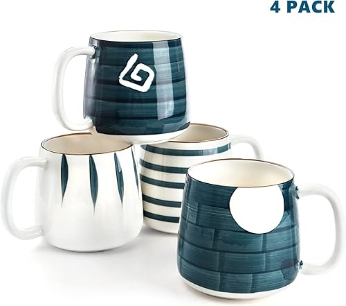 Miniatura 3 de DEAYOU Juego de 4 tazas de café de porcelana, tazas de café de cerámica de 17 onzas con asas, tazas de té grandes pintadas a mano para capuchino,