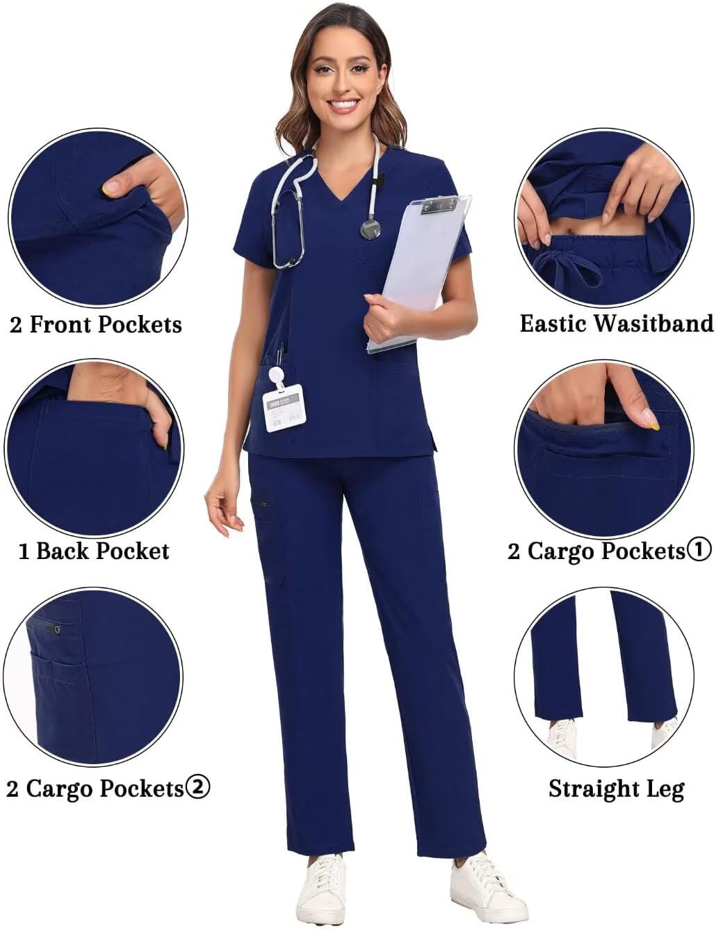 Scrubs for Women Sets, Stretch V-Neck Scrub Top & Cargo Pants with Multi Pockets, Anti-Wrinkle - Image 2