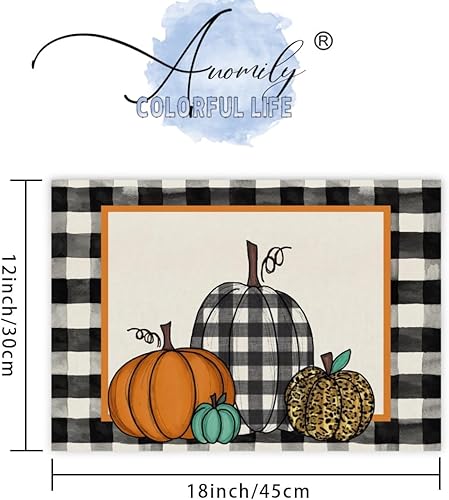 Miniatura 2 de Juego de 4 manteles individuales de otoño de calabaza a cuadros negros de 12 x 18 pulgadas, decoración de hojas de arce para otoño, Acción de