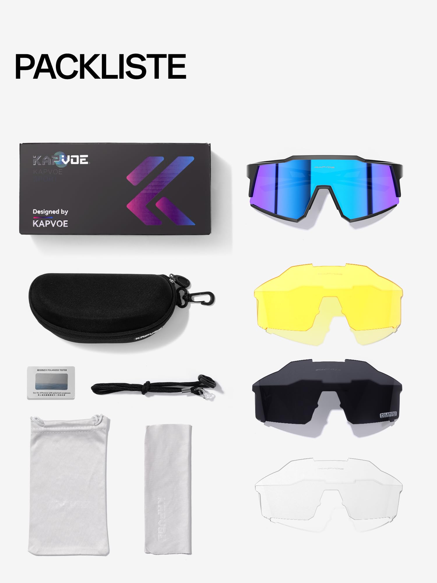 KAPVOE Polarisiert Fahrradbrille mit 1 Linse oder 4 austauschbare Linse TR90 Rahmen für Herren Damen Sport Radfahren MTB K9022