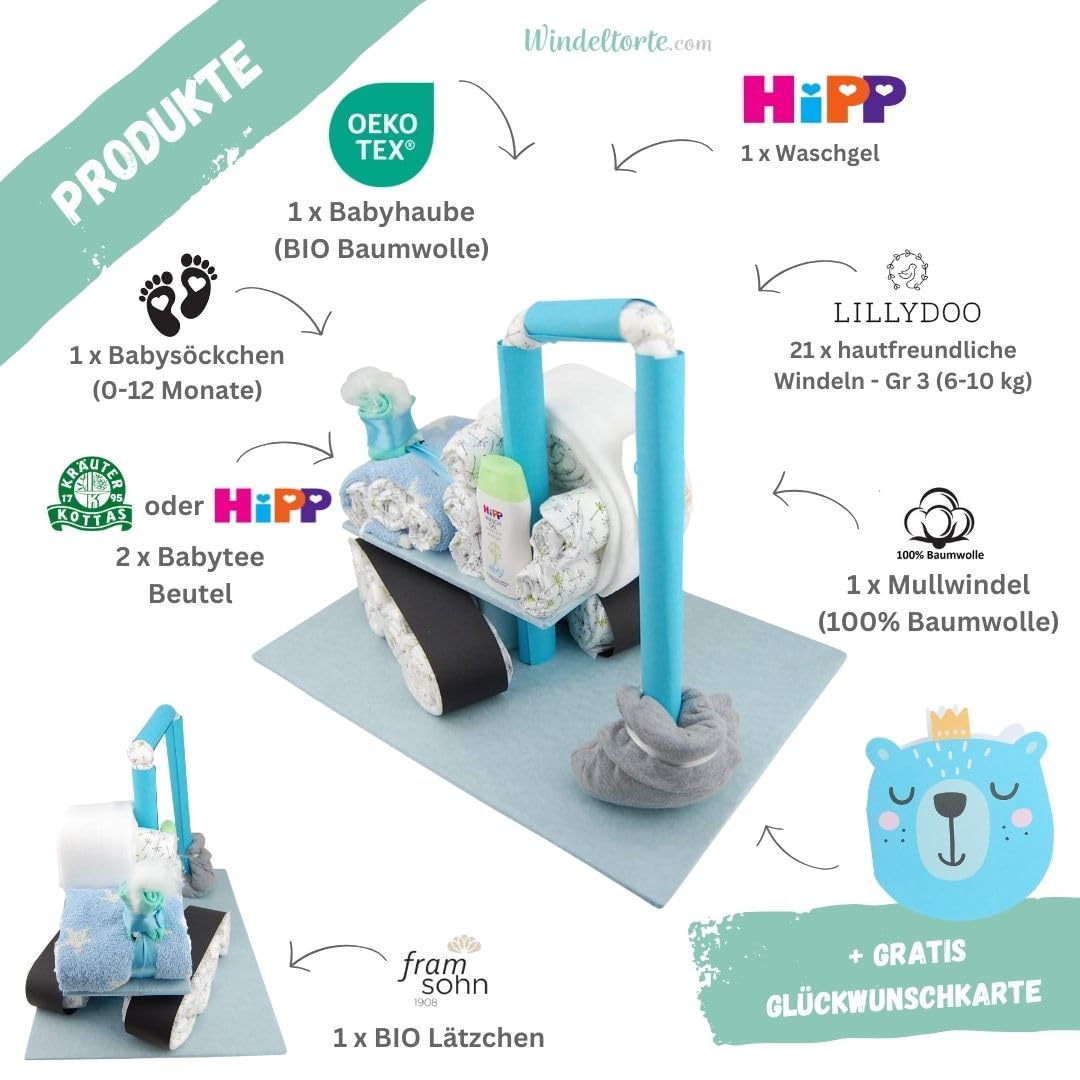 Bagger mit Babysocken [BAUSTELLENFAHRZEUG]- Geschenk zur Geburt - Babyparty - Baby - Babyshower - Pullerparty - Spucktuch - Babylätzchen (Blau/Junge)