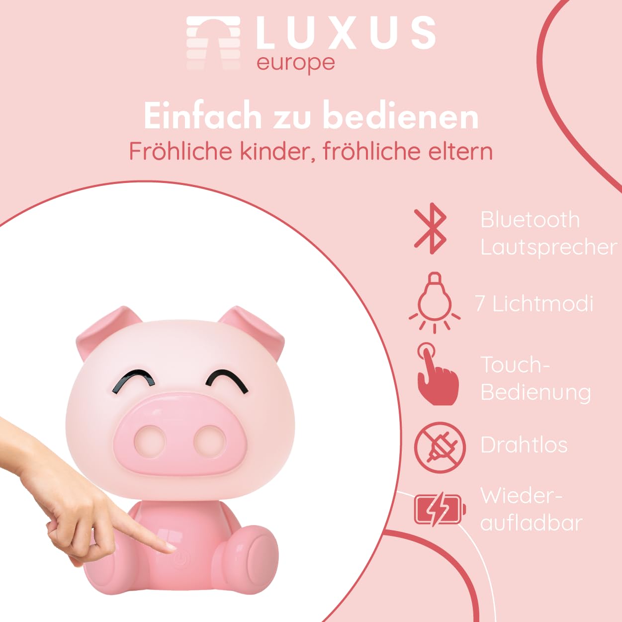 Luxus Europe - Veilleuse enfant Piggy Rose - Veilleuse LED sans fil pour enfants – Rechargeable par USB-C – 7 couleurs RGB – Lampe de table pour chambre d’enfant