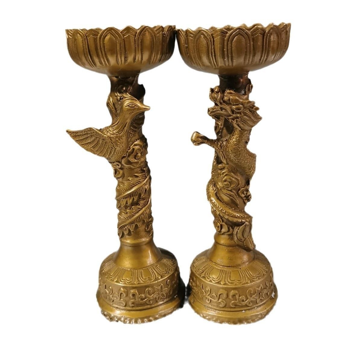 LMChx Antique Brass Dragon And Phoenix Candle Holder 18cm High(A pair)