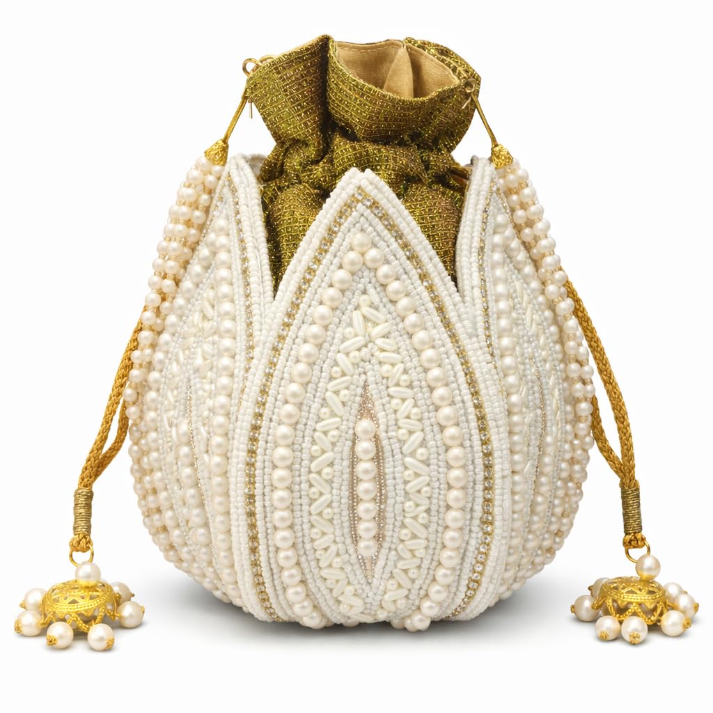 Lotus Pearl Potli Purse for Women, Bridal Ethnic Batua Bag, Fancy Potli Handbag, White Gold Beaded Drawstring Pouch for Bride, Saree Lehenga Accessory-image-43