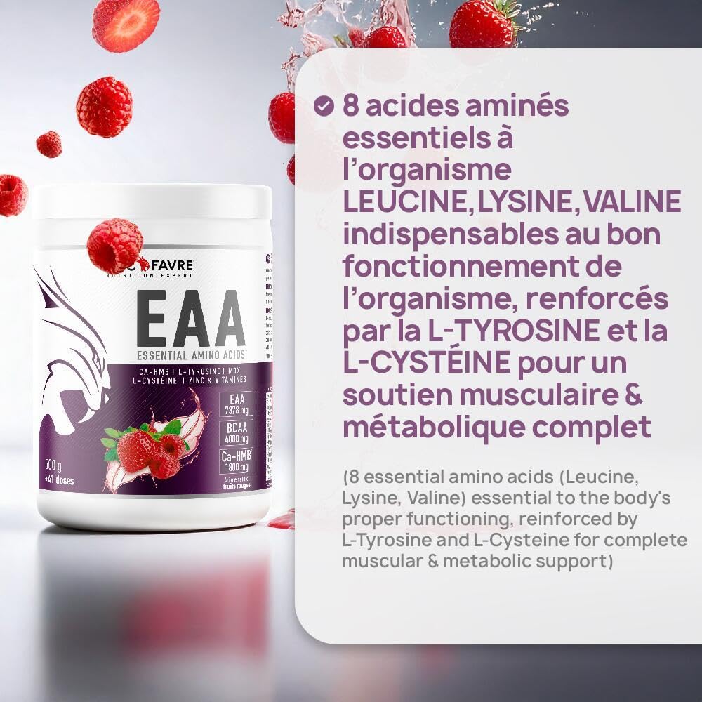 EAA ESSENTIAL AMINO ACIDS - Acides Aminés Essentiels avec CA-HMB, L-Tyrosine, L-Cystéine, Zinc & Vitamines - Formule Énergisante et Réduction de la Fatigue - 500g - Saveur Fruits Rouges - Eric Favre