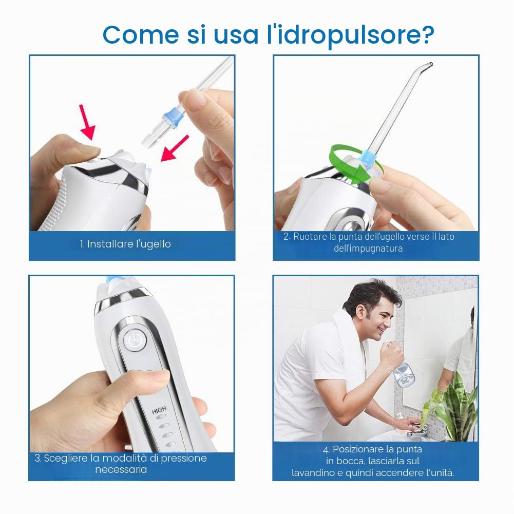 Idropulsore Dentale Portatile Professionale - 5 Modalità Irrigatore Orale Ricaricabile, 300 ml di Grande Capacità 6 Ugelli con IPX7 Impermeabile, Per Pulizia Denti Tartaro Bianca