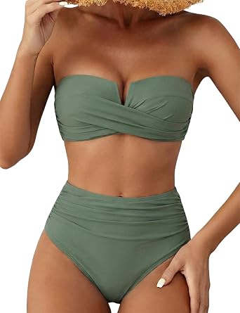 Hilor Bandeau Two Piece Bathing Suits for Women with Strap Retro High Waisted Swimsuits Sexy Push Up Bikini Swimwear