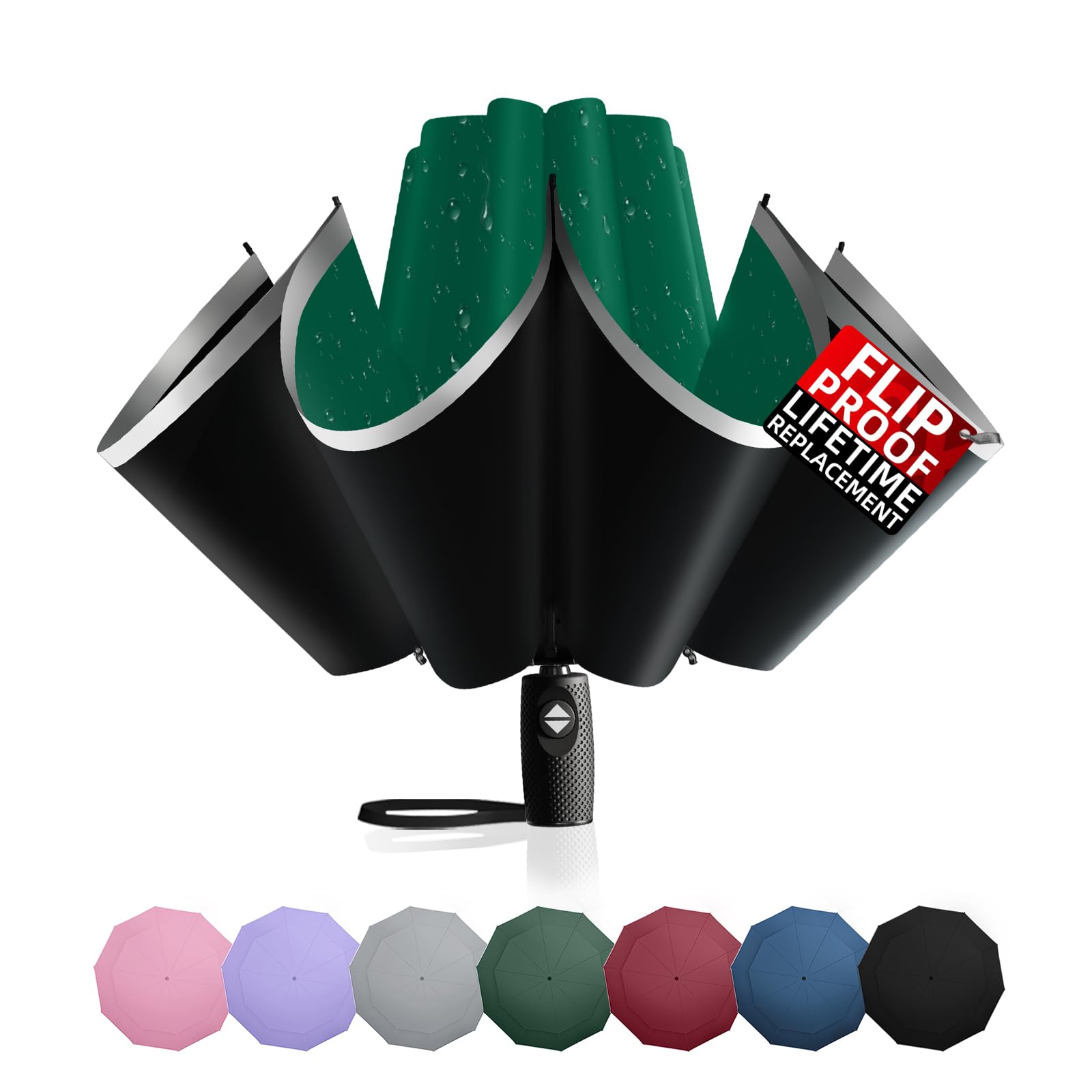 Trenovo Windproof Inverted Umbrella with Reflective Stripe – Auto Compact Rain & Sun UV Umbrella for Car & Backpack (Green)