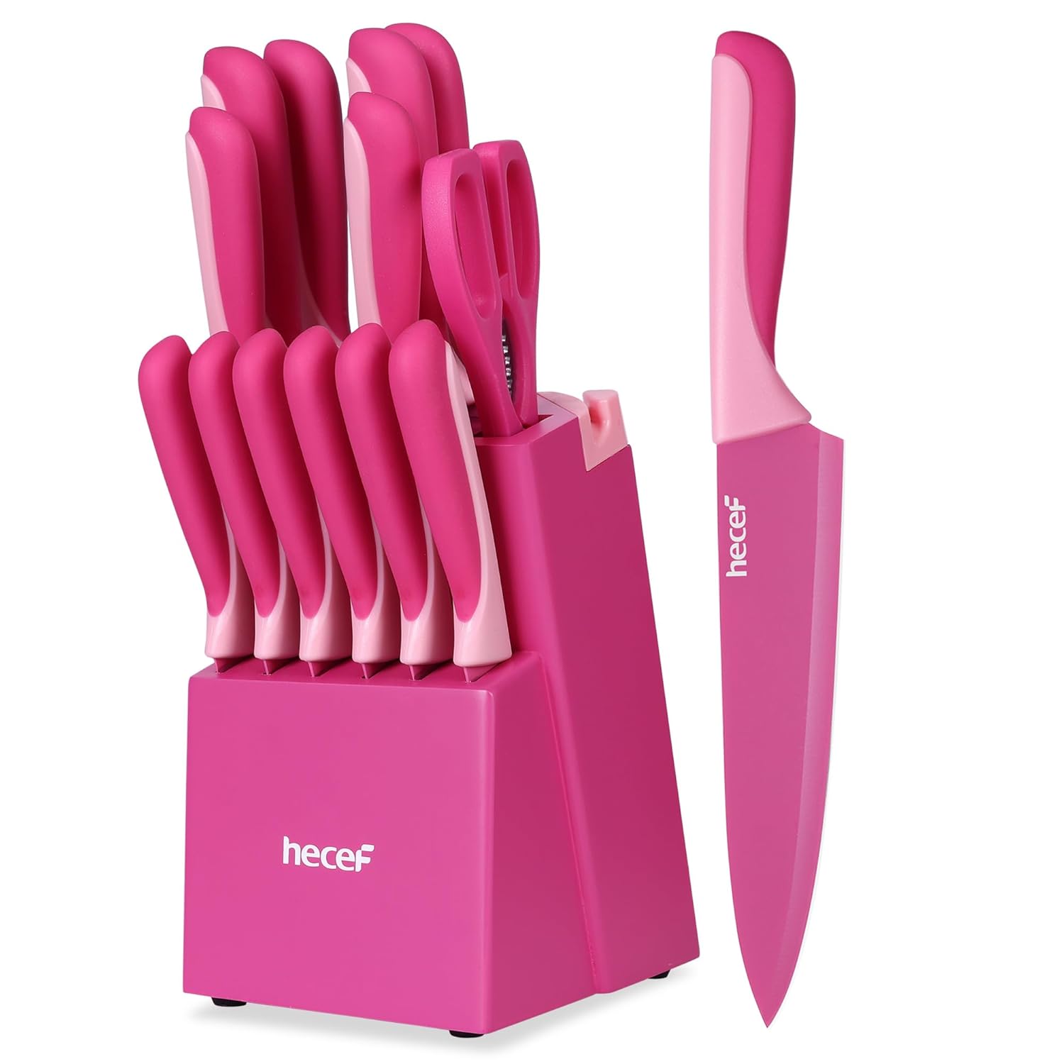 hecef 15 Pieces Kitchen Knife Set with Built-in Sharpening Wooden Block Dishwasher Safe High Carbon Stainless Steel Knife