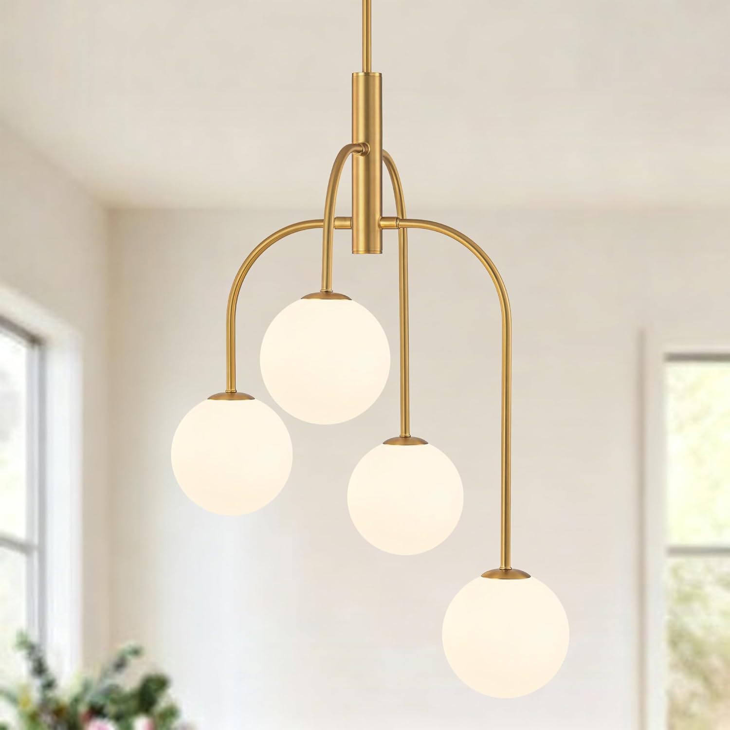 4-Lights Mid Century Modern Chandelier, Asymmetrical Brushed Gold Sputnik Pendant Light Fixture with Milk Glass Globe Shade for Dining Room Living Kitchen Island Entryway Foyer, Bulb Included