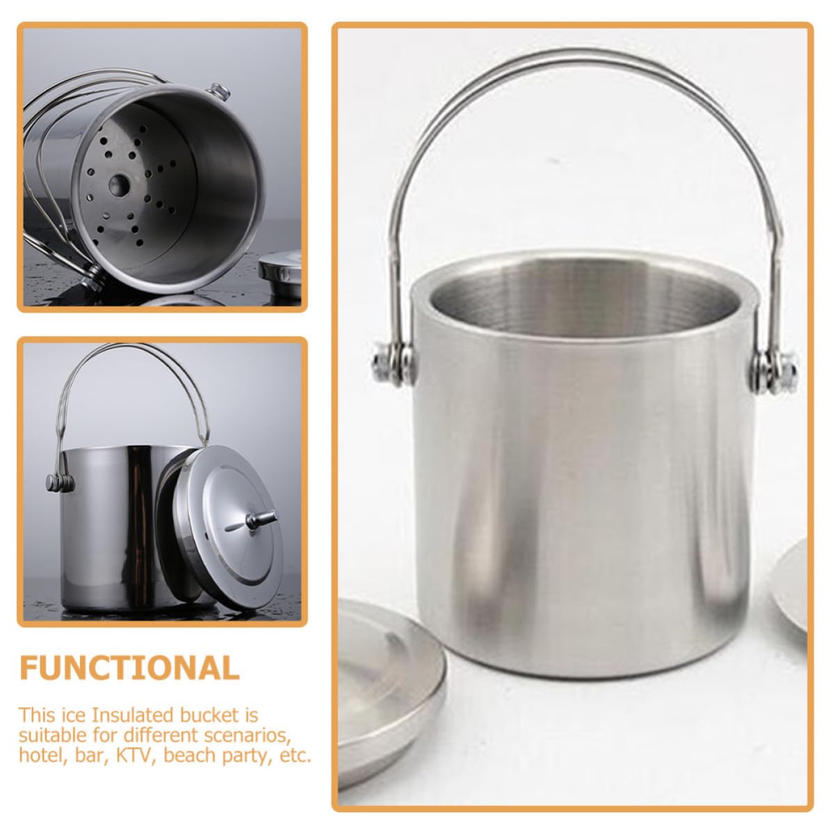 Zerodeko Cubo Aislado para Hielo de Bebidas con Doble Pared de Acero Inoxidable, Tapa y Asa Portátil, Ligero y Resistente Adecuado para Bar y Fiesta Playa