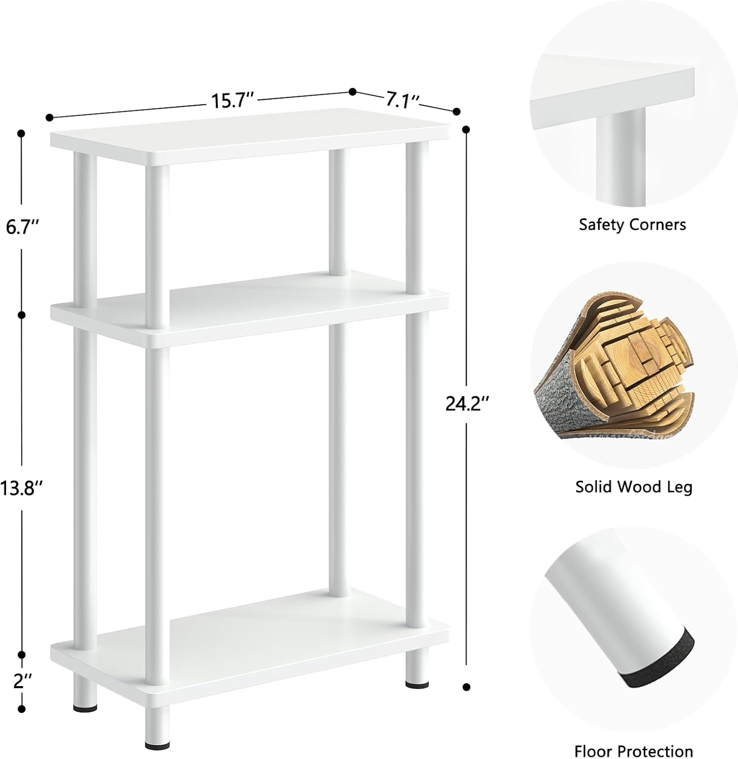 apicizon small narrow side table, 3-tier skinny end table with storage shelf, slim nightstand bedside table for small spaces, living room, bderoom, white white narrow side table