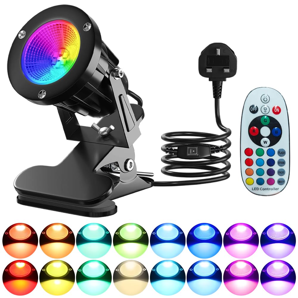 Jonuin Plug in Spot Lights with Remote Control, 6W RGB LED Clip on Spot Light Mains Powered, 3M Cord, IP65 Waterproof, Plant Spot Light for Indoor Outdoor, 15 RGB + Warm White