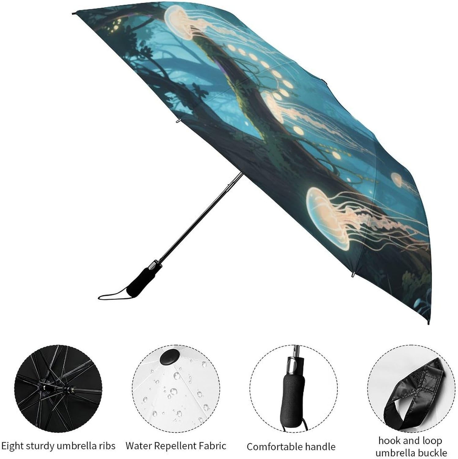 Jellyfish Forest Umbrella for Rain Golf Umbrella | 43.3 inch Travel Portable Automatic Folding Umbrella for Rain Lightweight Travel Umbrella for Women Men