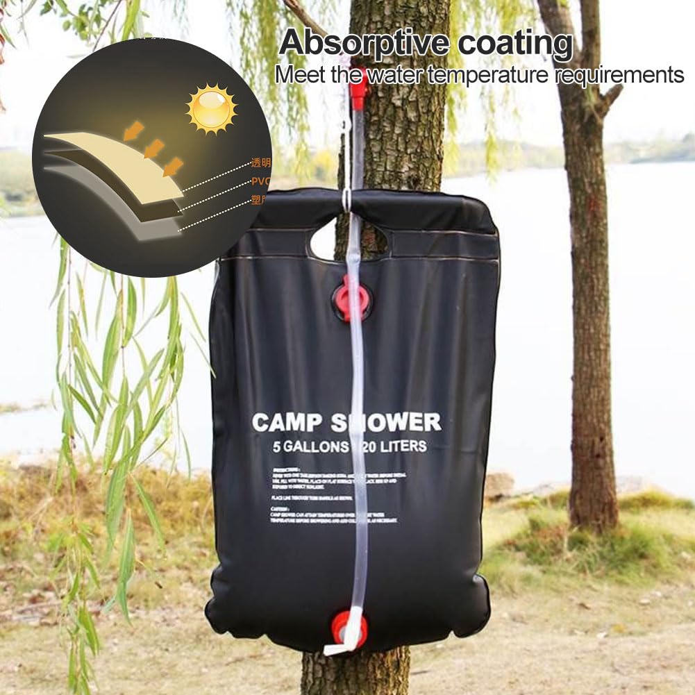 Doccia Portatile, Borsa per Doccia Solare, Doccia da Campeggio, Doccia Solare Bag, con Tubo Rimovibile e Soffione, Borsa da Bagno, Accessori Utili per Escursioni in Campeggio All'Aperto, 20L, Nero
