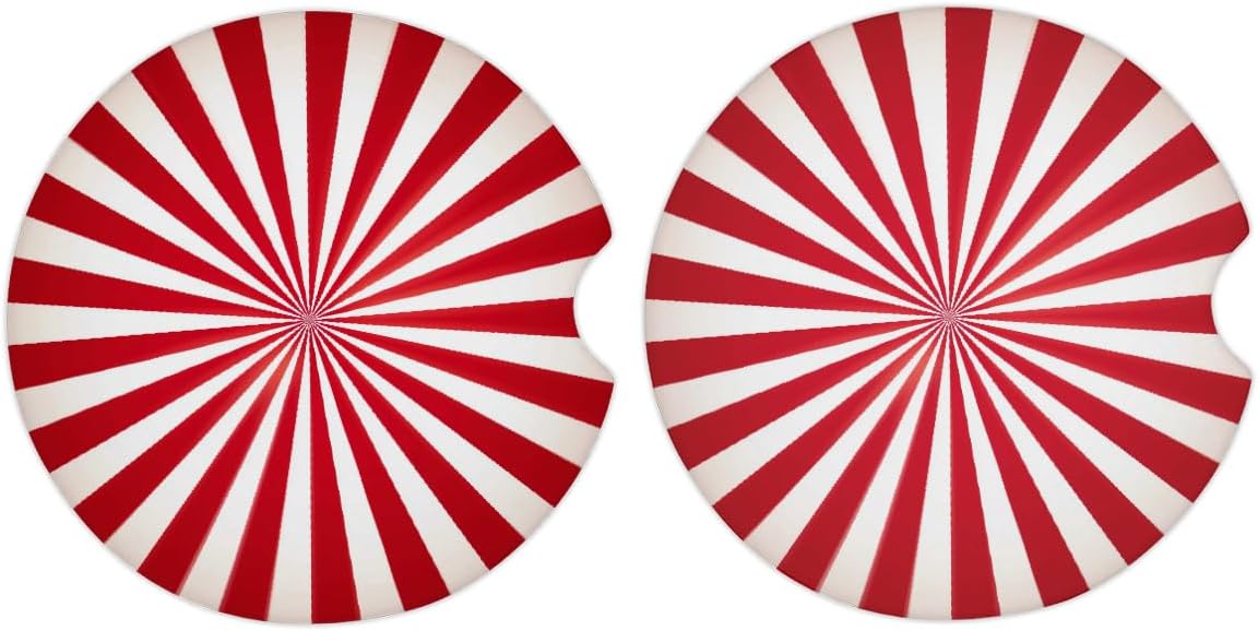 Red White Candty Cane Line Car Cup Holder Coasters 2 Pack, Absorbent Ceramic Car Coasters for Drinks with Non Slip Cork Base
