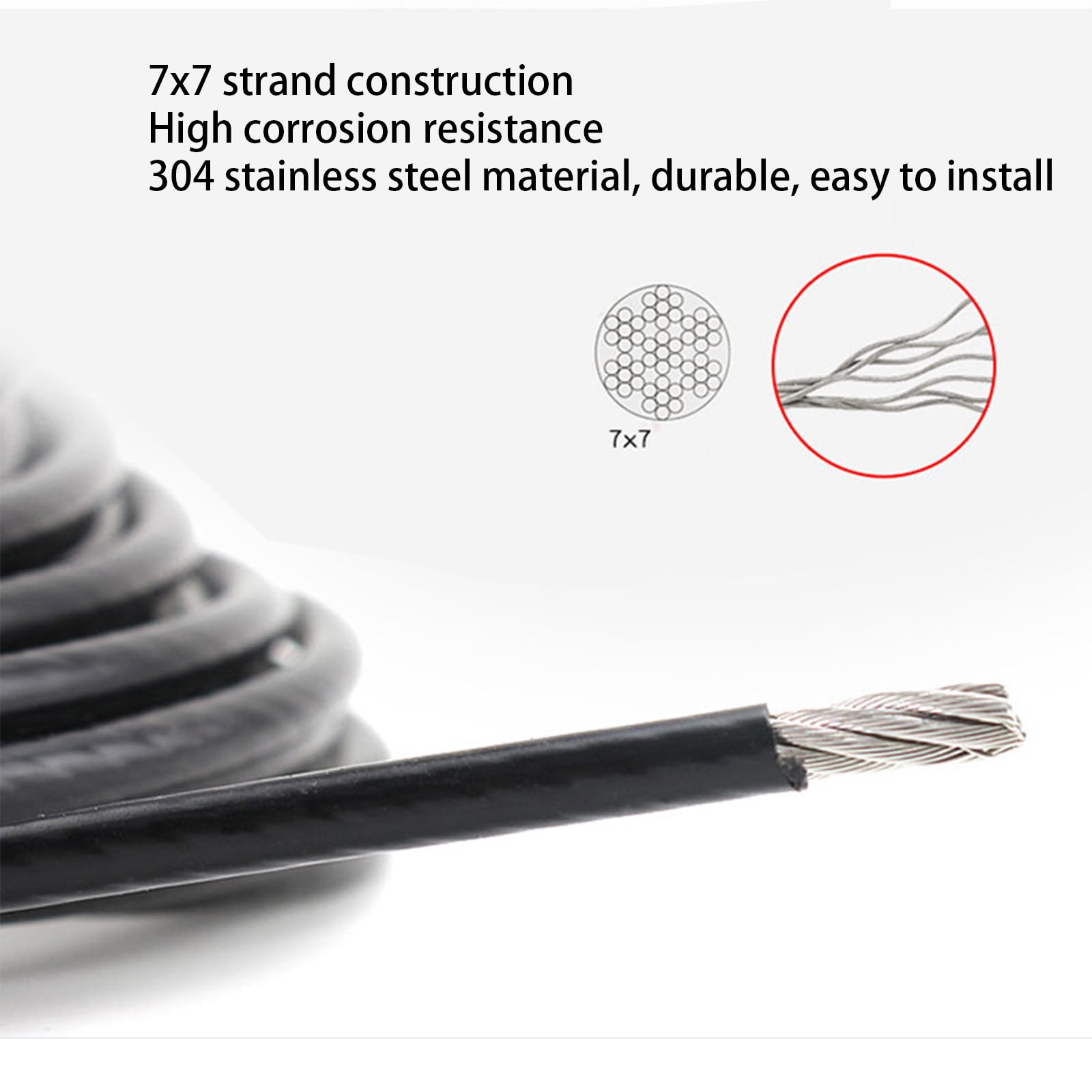 Aoktorkit 20m Black Coated Wire Rope 1.5mm Stainless Steel Wire Cable 7x7 Strand Cores Steel Wire Rope Cable for Garden Climbing Plants