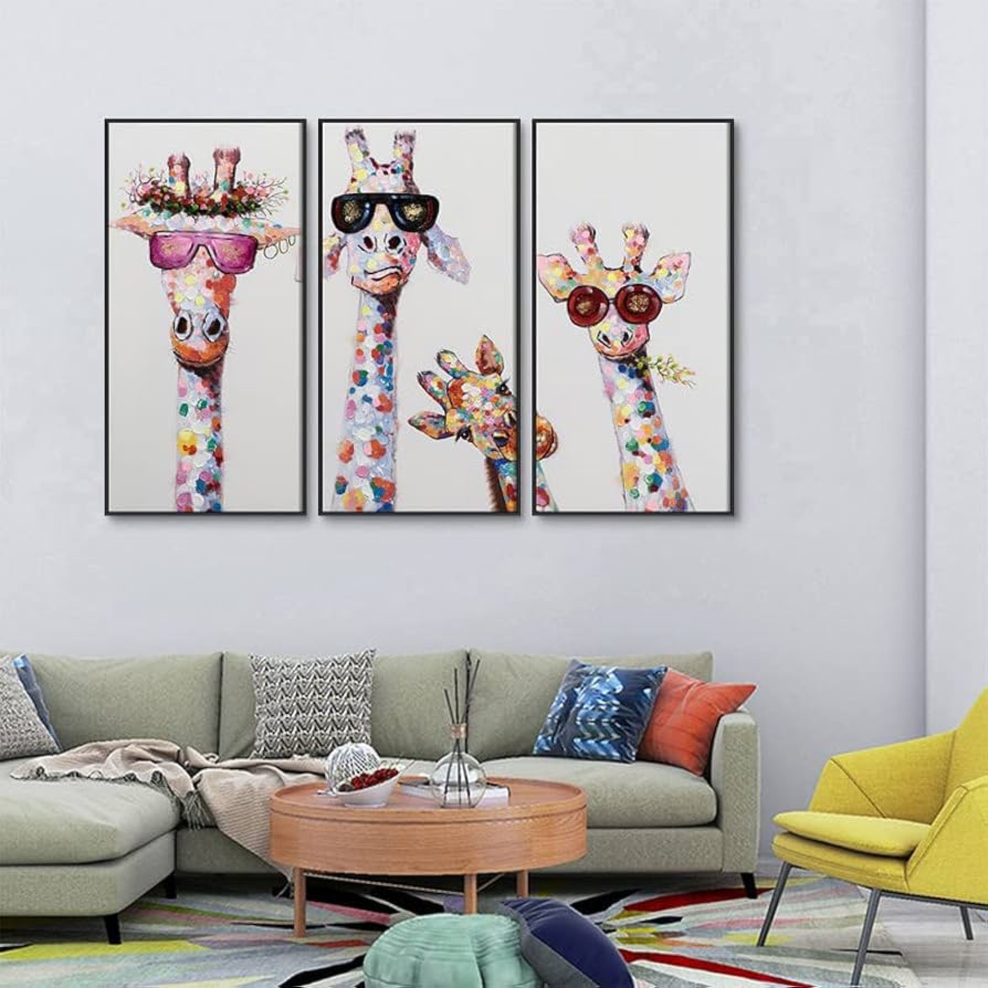 キリンのクレパス画 木製フレーム付き