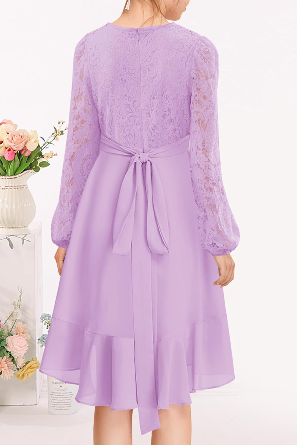 MITILLY Girls Lace Flower Ruffle Dress Long Sleeve Chiffon A Line High Low Junior Bridesmaid Dresses for Wedding Party New - Image 4