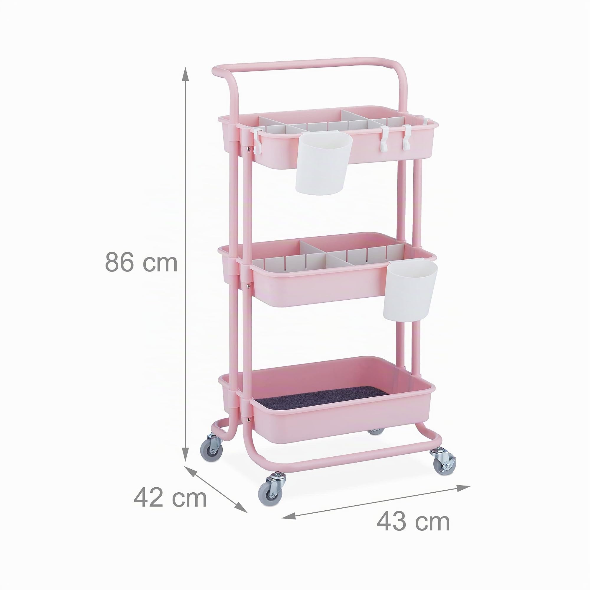 Relaxdays Carrito Auxiliar, 3 Niveles, Multiusos para Cocina y Oficina, Camarera 86 x 43 x 34 cm, Metal y Plástico, Rosa