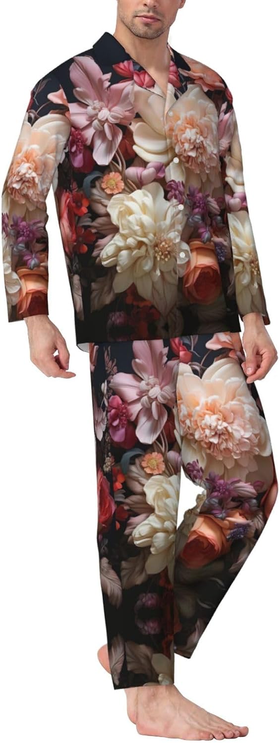 Beautiful Flowers Print Luxurious Mens Pajamas Set,Soft Breathable Pajamas, Perfect For Winter Christmas