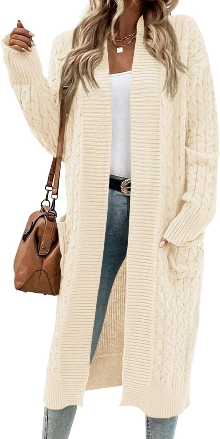Onedreamer Womens Long Cardigan Cable Knit Open Front Long Sleeve Sweater Coats with Pockets - Image 2
