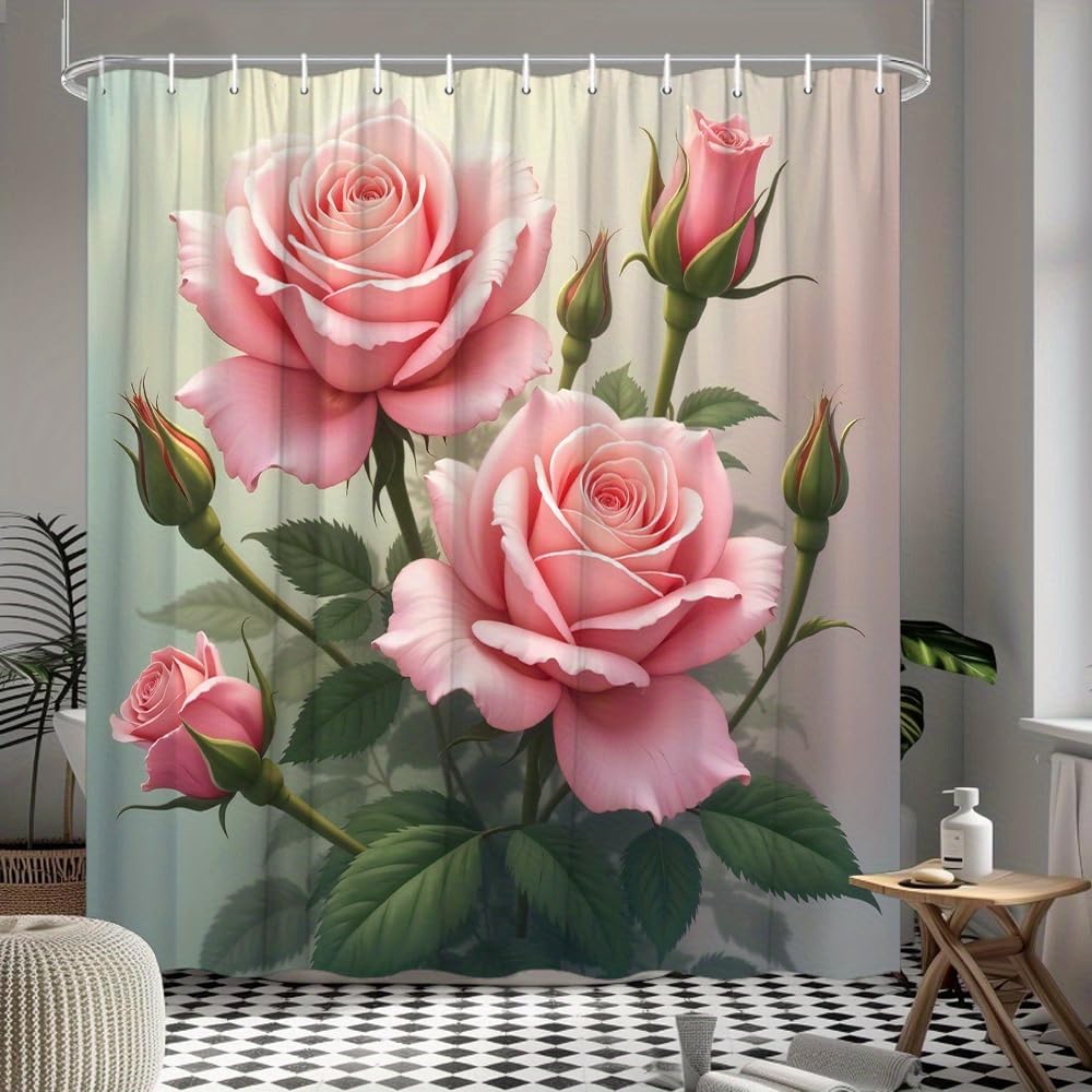 GLWDMB 1 Piece 180x200CM Pink Roses Printed Shower Curtain With Hook, Polyester, for Windows And Walls, Bathtub, Bathroom, Machine Washable, All Season Universal