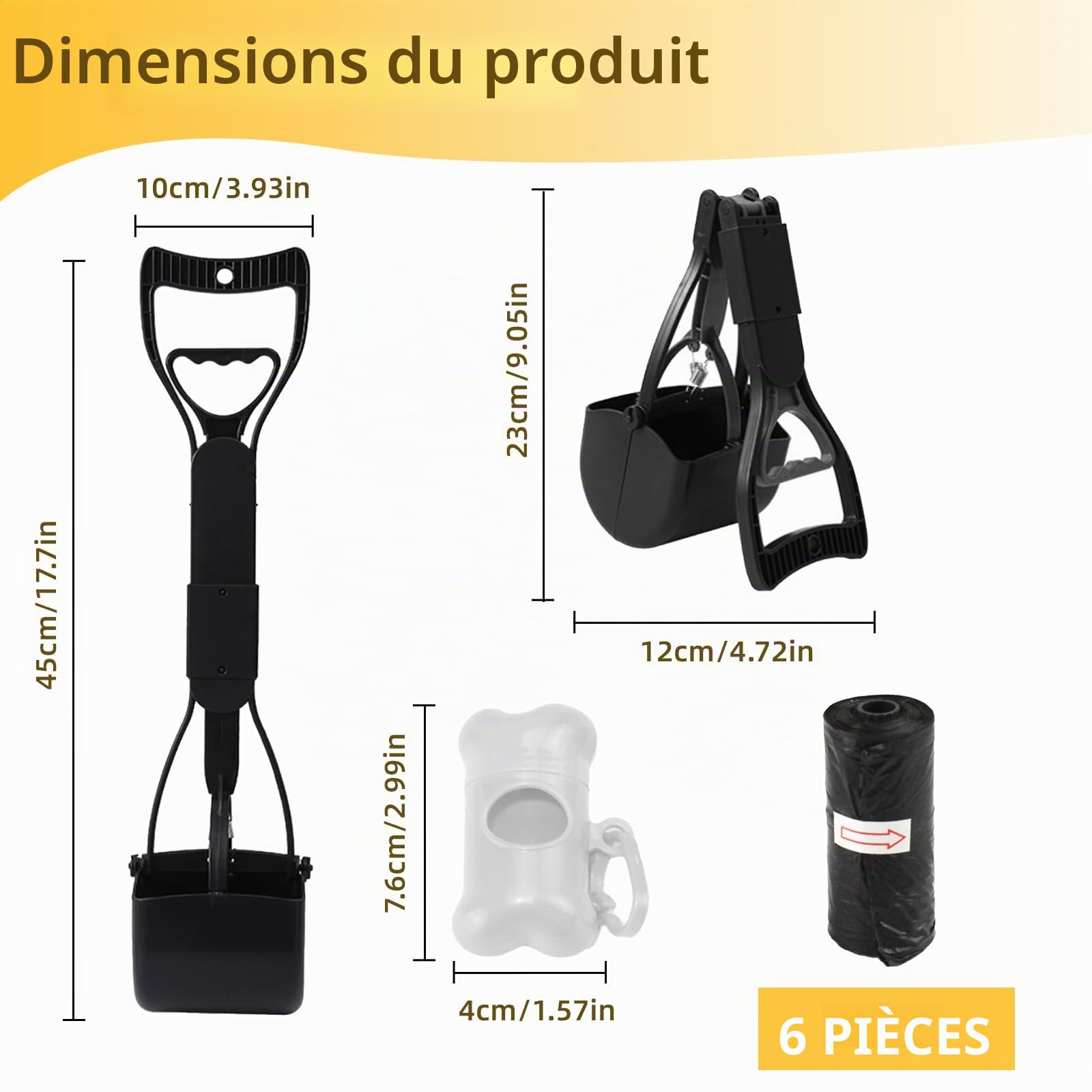 Pelle à Crotte pour Chien Set, 17.7 inch Pelle Crotte Chien Pliable avec Distributeur de Sacs à Déjections & Sacs à Déjections, Long Manche Portable Ramasse Crotte pour l'intérieur et l'extérieur