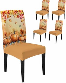 Dining Chair Covers Set of 4, Thanksgiving Pumpkin Fall Red Maple Leaves Soft Stretch Kitchen Seat Covers, Orange Watercolor Gradient Removable Washable Chair Protector for Home Restaurant Banquet