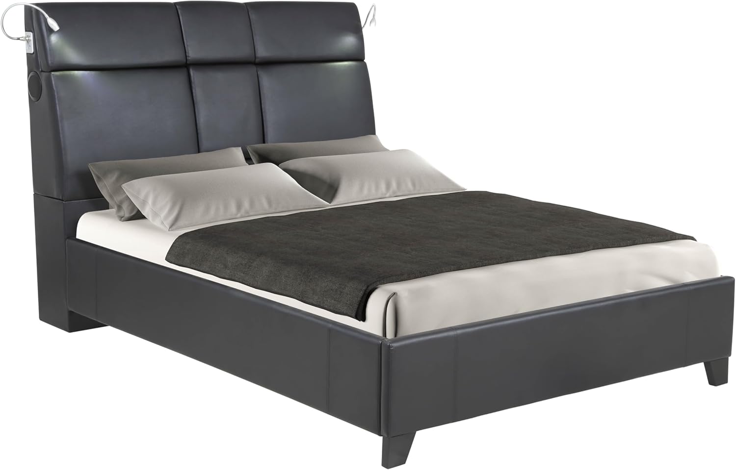 Bluetooth Sound and Lighting King Bed with Beverage Tray, Modern Design, Easy Maintenance, Black