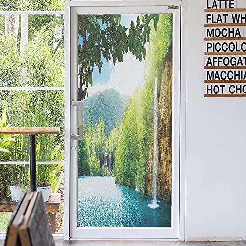 Waterfall Pattern Privacy Window Film,Croatian Lake Landscape In Forest With Mountain View Background Work Of Art Kitchen Curtains Film,Decorative Static Cling Window Film,35.4" X 78.7" Green And Blue #TOP7