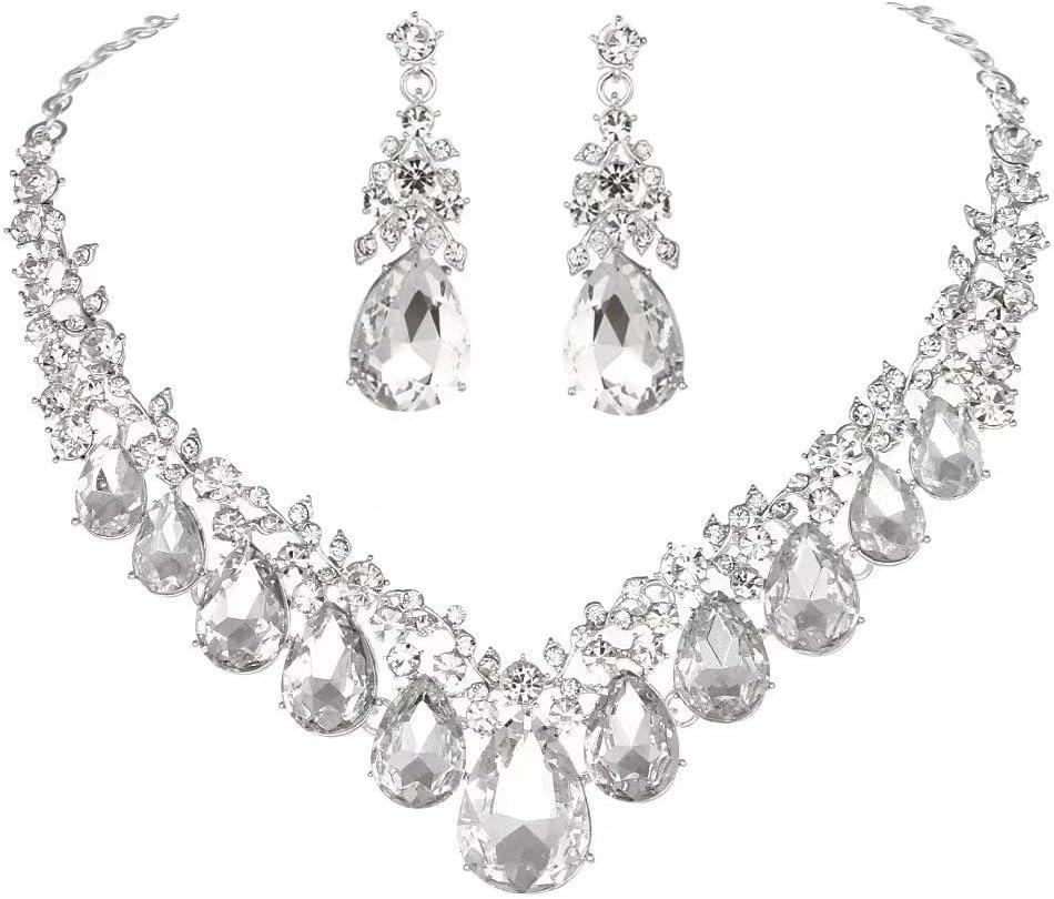 Crystal Teardrop Bridal Jewelry Set Rhinestone Bib Statement Necklace Dangle Earrings Women Costume Fashion Necklace for Wedding Prom