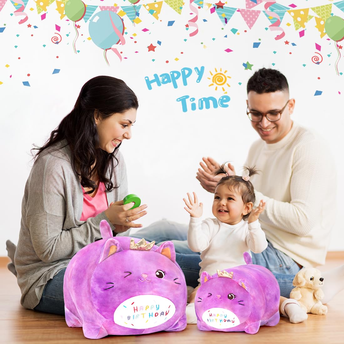 Peluche Gatto Compleanno - Giocattolo Morbido con Scritta 'HAPPY BIRTHDAY', Regalo Personalizzabile per Bambini Adulti (25CM,Viola)