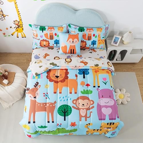 lishjekee Juego de edredón de animales del zoológico tamaño individual para niños y niños, juego de ropa de cama de 6 piezas de animales de la selva