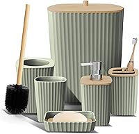 Clara Clark Sage Green 6-Piece Bathroom Accessory Set with Bamboo Accents - Toilet Brush, Trash Can, Soap Dispenser & More