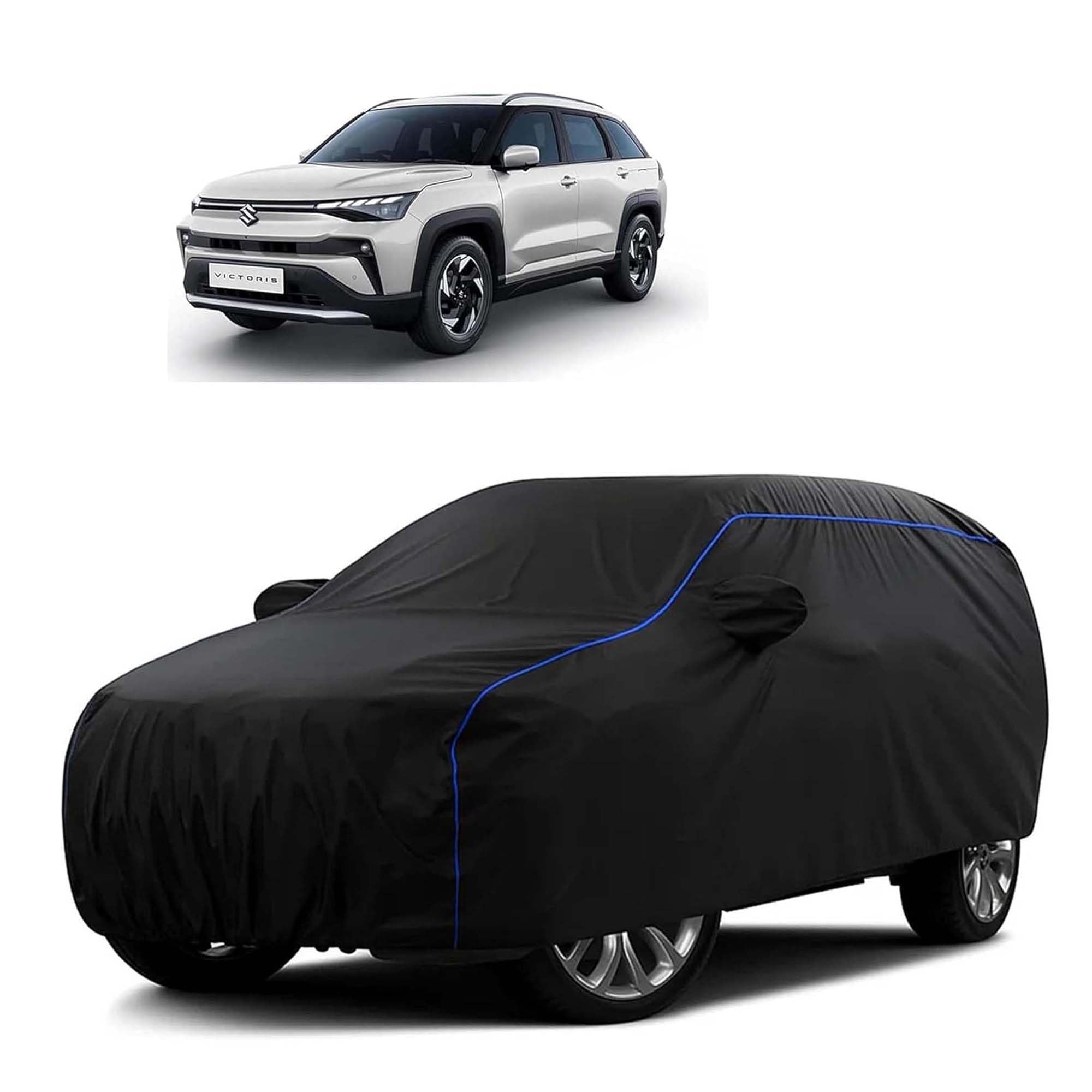 Sulfar 100% Water Resistant Car Body Cover Compatible with Mirror for Maruti Suzuki Victoris (Triple Stitched, Full Bottom Elastic, Black Tafetta with Blue Piping)