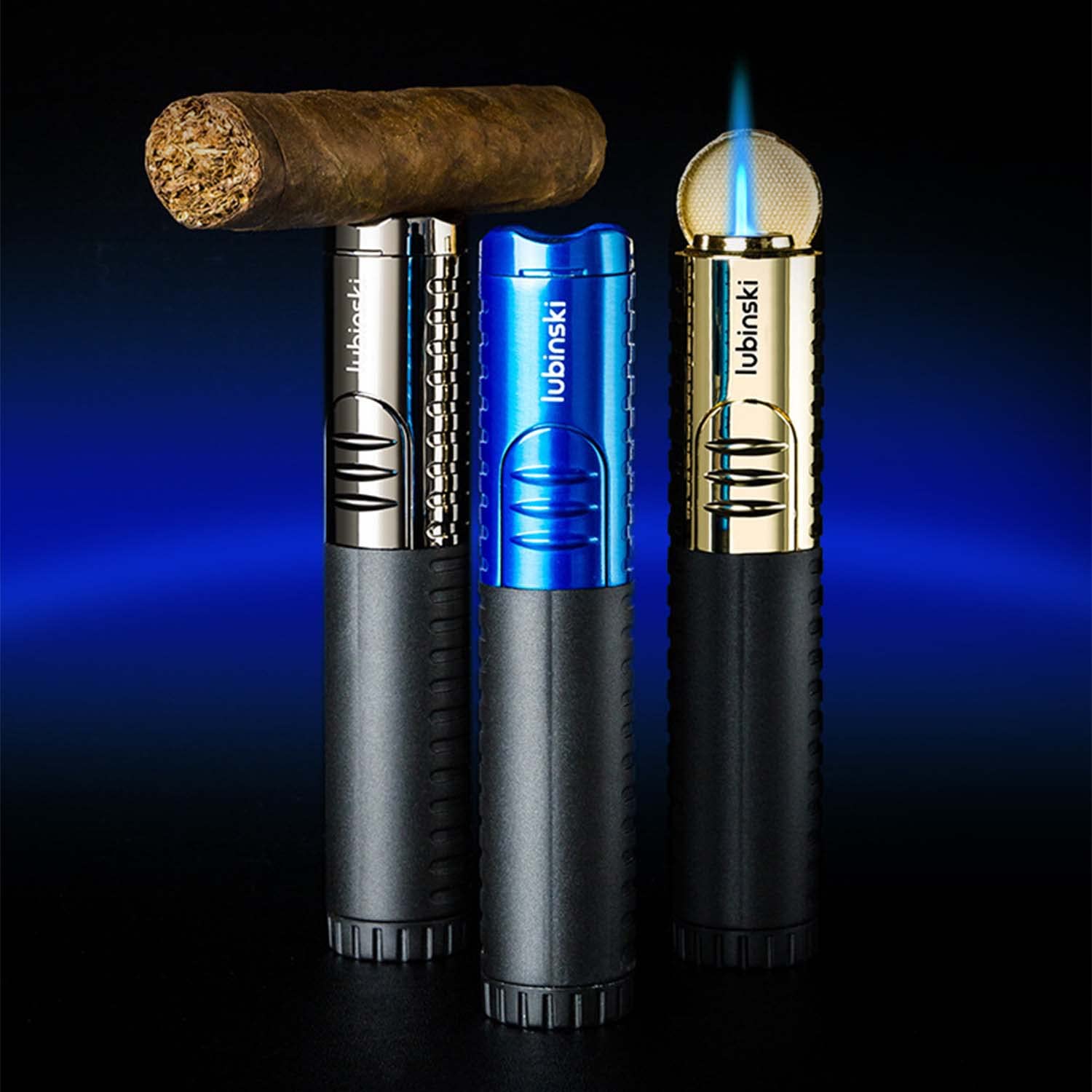 Cigarro Encendedor Portátil Titular de Cigarros Superior Soplete de Butano Llama de Chorro Potente Ajustable a Prueba de Viento Recargable Humidor Tamaño (Gasolina No Incluida)