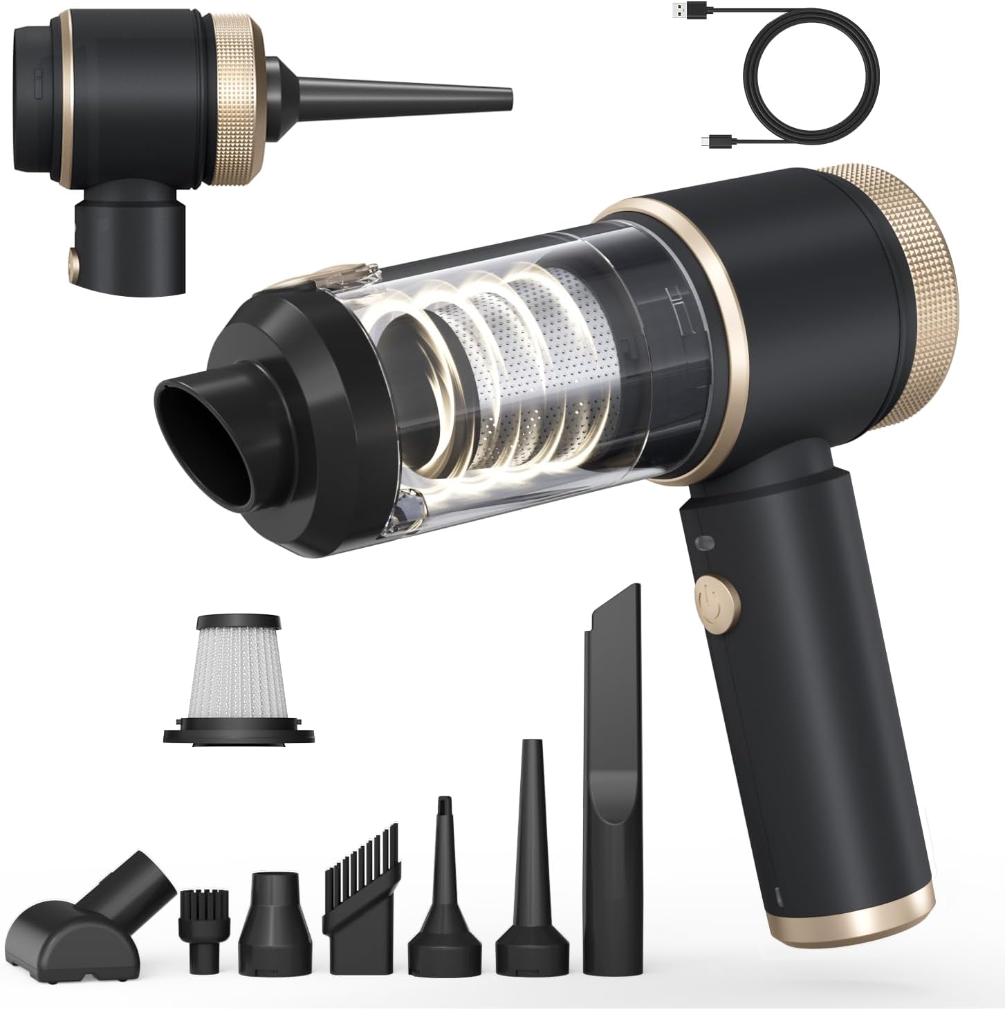 Used Car Vacuum Portable Cordless, Hand Vacuum with 16000PA High Power, 7 in 1 Mini Car Vacuum Cleaner with One-Click Empty, Dual Hepa Filter, LED Light, Type-C Charging Small Handheld Vac Black